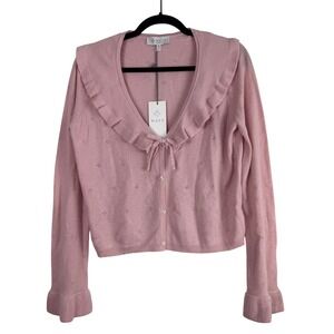 WAYF Pink Pointelle Ruffle Collar Bow Cardigan Sweater Medium NWT Balletcore